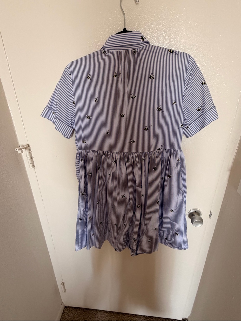 Blue Striped Bumble bee Embroidered Button-Front Shirt Dress - Picture 3 of 4